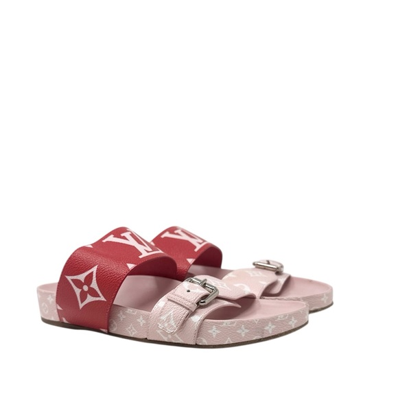 Louis Vuitton Bom Dia Monogram Canvas Flat Slide Sandals Pink Red Size 37 - Picture 3 of 12